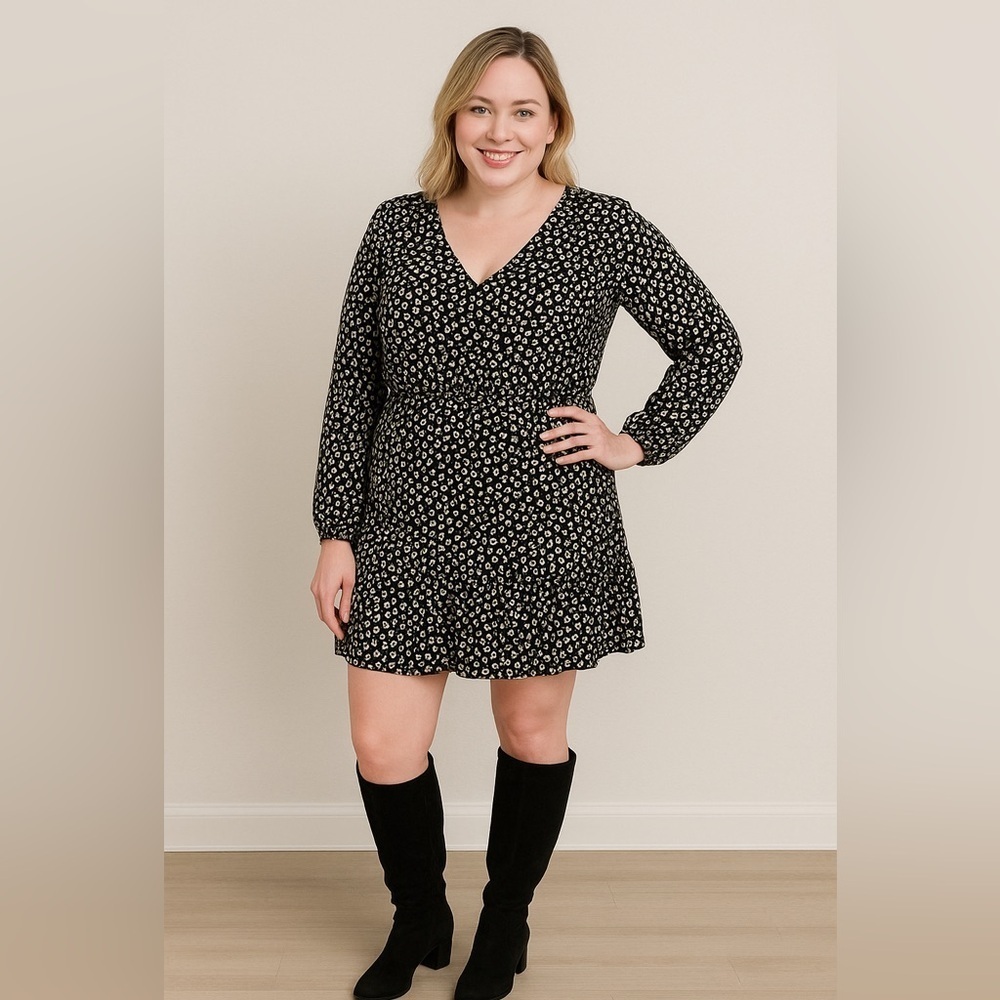 Chic Urban Rose Dress Animal Print V-Neck Long Sleeve Mid Thigh Women’s 1XL